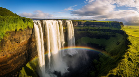 A rainbow stretching over a majestic waterfallの素材