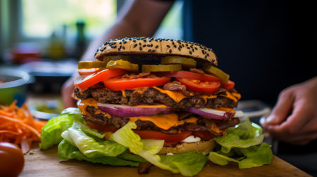 BBQ burger being assembled with care, a celebration of layersの素材