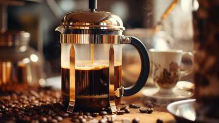 Close up of coffee being poured from a French press, a satisfying sightの素材