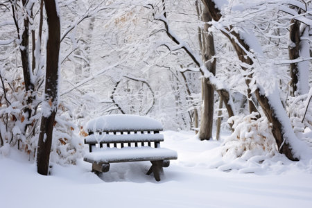 A rustic bench adorned with snow and contemplationの素材