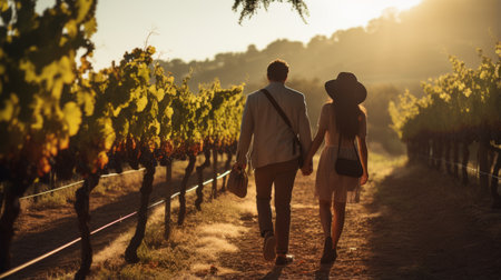 Couples strolling through a picturesque vineyard, wine country vacationの素材