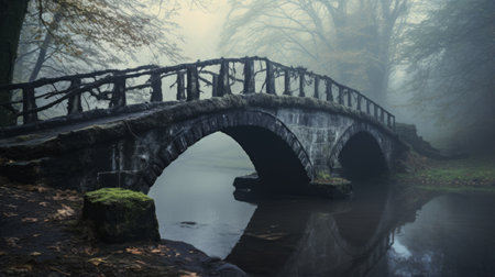 Creaky, old haunted bridge over a river shrouded in fogの素材