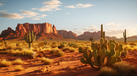 Desert scene with a cactus and mountains in the backgroundの素材