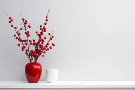 Vibrant red vase filled with ripe red berriesの素材