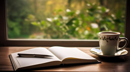 Coffee cup accompanied by a notebook, symbolizing inspirationの素材