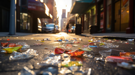 Littered streets with dropped candy wrappersの素材
