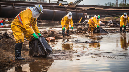 Oil spill pollution cleanup with workers in hazmat suitsの素材