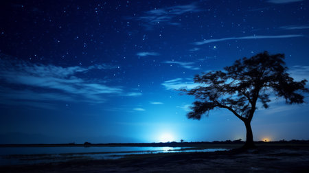 Nightscape Beauty The beauty of the night sky painted blue by the moonの素材