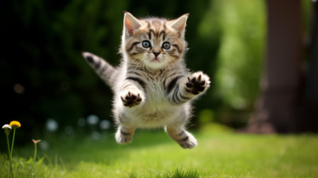 Playful kitty attempting a flying leap with legs akimboの素材