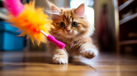 A cat making a silly face while batting at a feather toyの素材