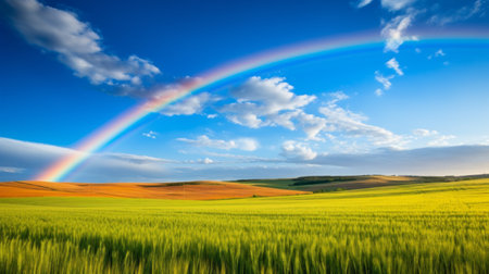 A rainbow stretching across a peaceful wheat fieldの素材