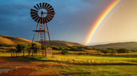 A rainbow emerging from behind a rustic windmillの素材