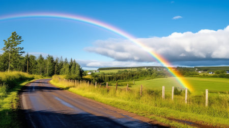 A rainbow appearing over a quiet rural roadの素材