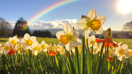 A rainbow forming above a field of daffodilsの素材