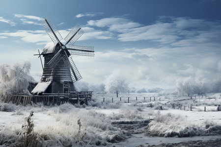 A snow adorned windmill, a sentinel of holiday wonderの素材