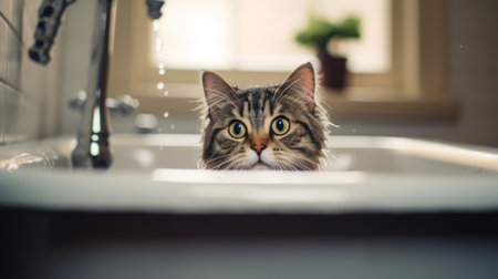 Cheeky cat trying to swim in an empty bathtubの素材