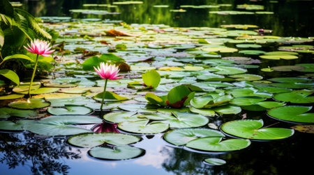 A tranquil pond with lily pads and reflections provides gentle copy space for Independence Day contentの素材