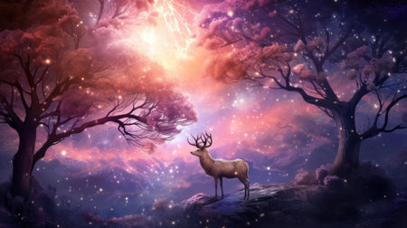 Oberon the Twilight Unicorn beneath an enchanted skyの素材