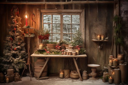Rustic Christmas decorations invoking a sense of nostalgiaの素材