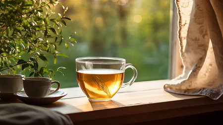 Sipping herbal tea by a cozy windowの素材