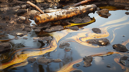 A close up of polluted water with oil sheensの素材