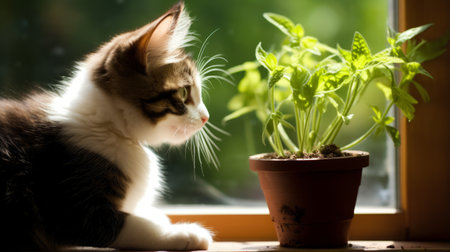 A cat having a conversation with a potted plantの素材
