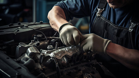 A mechanic's hands fixing a car engineの素材