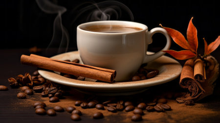 Coffee cup adorned with a cinnamon stick, adding aromatic charmの素材