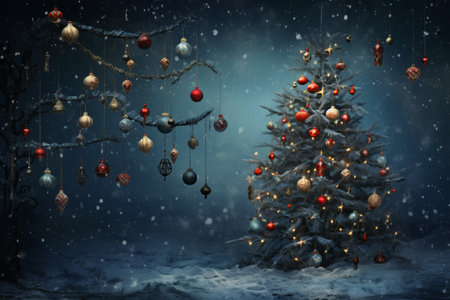 Joyful Christmas elements adding vibrancy to the tree decoration backgroundの素材