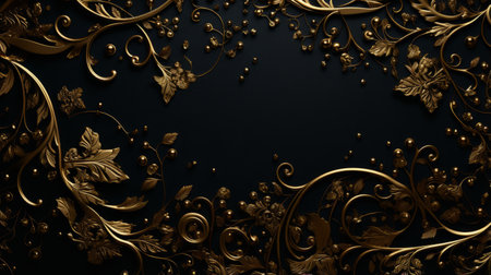 Black background with gold floral and leaf patternsの素材