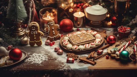 Whimsical flatlay with cute Yuletide decorations creating a joyful scene.の素材