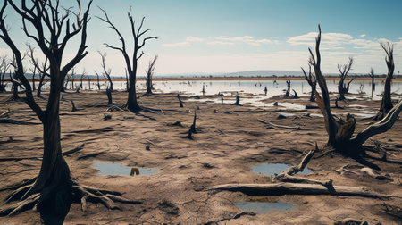 A barren landscape with polluted water and dead treesの素材