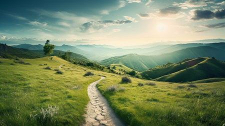 A path through an open field symbolizing opportunitiesの素材