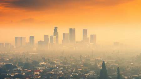 A polluted urban skyline with a hazy smog layerの素材