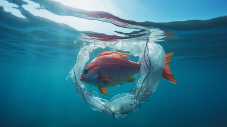 Close up of a fish caught in a discarded plastic ringの素材