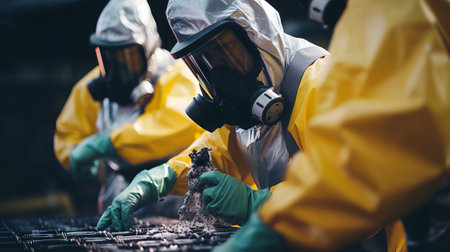 Close-up of workers in protective suits handling radioactive wasteの素材