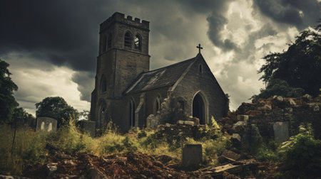 Haunted church with crumbling walls and an ominous skyの素材