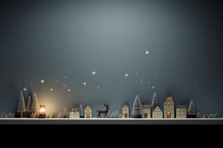 Peaceful night in a charming town illuminated by warm lights and surrounded by tall treesの素材