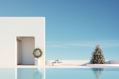 Beautiful white house with a sparkling pool and a festive wreath adorning the doorの素材