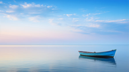 Tranquil ocean scene with a lone fishing boat on the horizonの素材