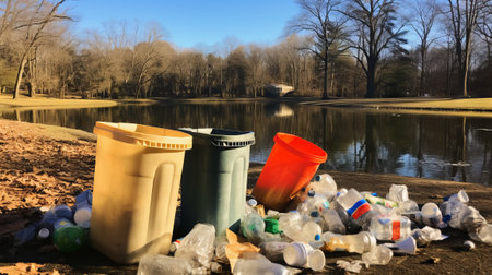 Littering in a city park with overflowing trash binsの素材