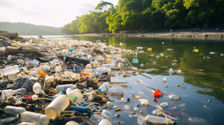 Plastic pollution in a river harming aquatic lifeの素材