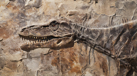 A close up of a Coelophysis dinosaur fossil embedded in stoneの素材
