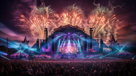 A lively festival stage with fireworks bursting in the backgroundの素材