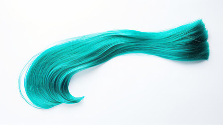 A single strand of vibrant turquoise hair on a plain white backgroundの素材