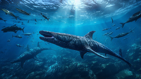 An ancient ocean filled with marine reptiles like Plesiosaursの素材