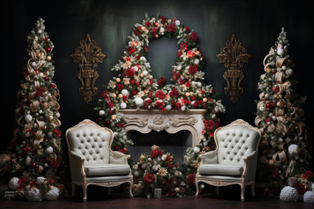 Captivating and charming Christmas decor adding a touch of whimsy to the tree backdropの素材