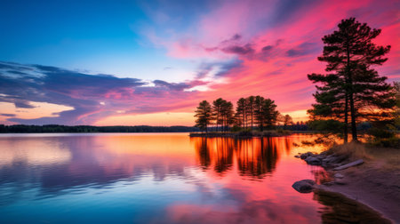 Colorful sunset over a serene lake, vacation paradiseの素材
