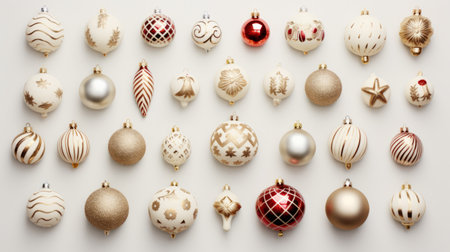 Cute flatlay of whimsically arranged Yuletide ornaments on a neutral surface.の素材
