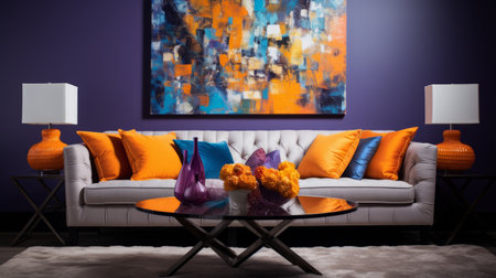 A cozy living room with stylish furniture and an eye catching wall paintingの素材